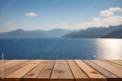wooden floor for mockup  with sea and mountain   lagoona background