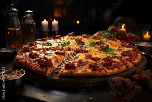 Pizza on a wooden table with burning candles in the background Generative AI