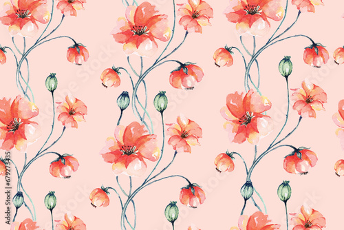 Seamless pattern of orange flowers drawn with watercolor.For the design of the wallpaper or fabric  vintage style.Blooming flower painting for summer.
