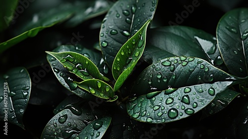 natural green leaves with raindrops after a thunderstorm in the tropical forest. Close-up of grass.
