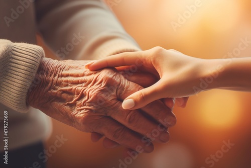 Taking care of the elderly concept with young woman holding the hand of a senior photo