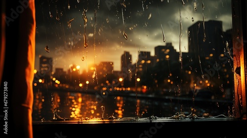 lights of the night city with a blurred background and raindrops on the glass