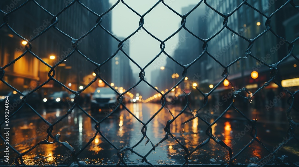 Bokeh of a night city through a damaged wire mesh fence - obrazy, fototapety, plakaty 