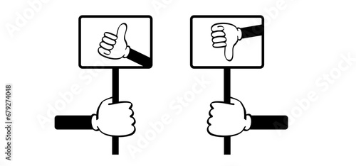 Cartoon hand and signboard vote. Accept or unaccepted vote. Don't or Dont Do's or don'ts. Unlike or dislike day hands. Compliments, oke or like hand thumb up or thumbs down. Yes or no feedback.