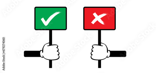 Cartoon hand and signboard vote. Accept or unaccepted vote. Don't or Dont Do's or don'ts. Unlike or dislike day hands. Compliments, oke or like hand thumb up or thumbs down. Yes or no feedback.