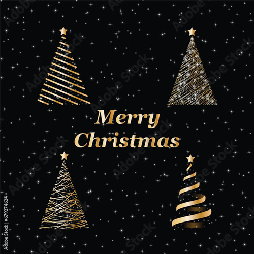 Set of Christmas trees. Postcard, card - MERRY CHRISTMAS. Set of decorative Christmas trees on original background. Vector illustration