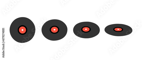 Hand drawn cute cartoon illustration of vinyl record set. Flat vector old audio data storage sticker collection in doodle style. Sound record in different positions icon. Music plate. Isolated.