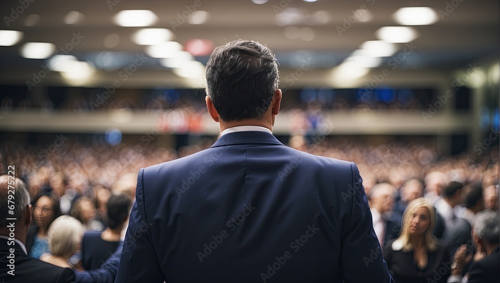 Rear view of politician during the election speech in front of the crowd. Generated with AI - obrazy, fototapety, plakaty 