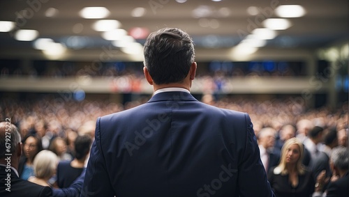 Rear view of politician during the election speech in front of the crowd. Generated with AI