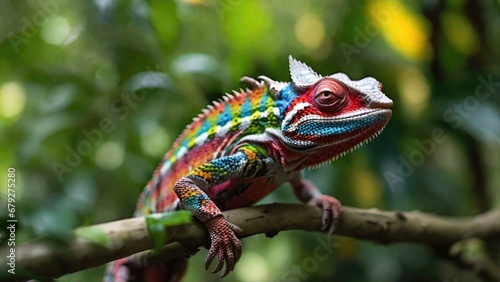 Closeup of a colorful chameleon lizard. Generated with AI
