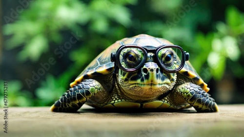 Cute little green turtle with glasses in front. Generated with AI photo