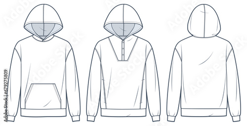 Hoodie technical fashion illustration. Hooded Sweatshirt fashion flat technical drawing template, pocket, button closure, front and back view, white, women, men, unisex Sportswear CAD mockup set.