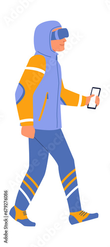 Futuristic person walking in vr glasses. Cartoon man character