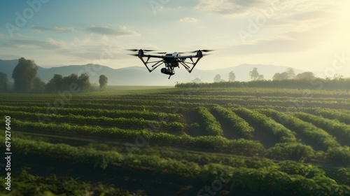 An advanced autonomous robot drone equipped with sensors and AI technology is operating in an agricultural field, showcasing the latest in smart farming automation and precision agriculture. photo