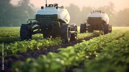 Autonomous robot equipped with sensors and AI technology working in an agricultural field, showcasing the innovative integration of smart farming automation for enhanced production efficiency.