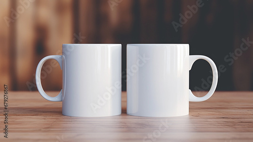 Two White Mugs Mockup Against the Background of Blurred Lights. Empty mug mock up for brand promotion.