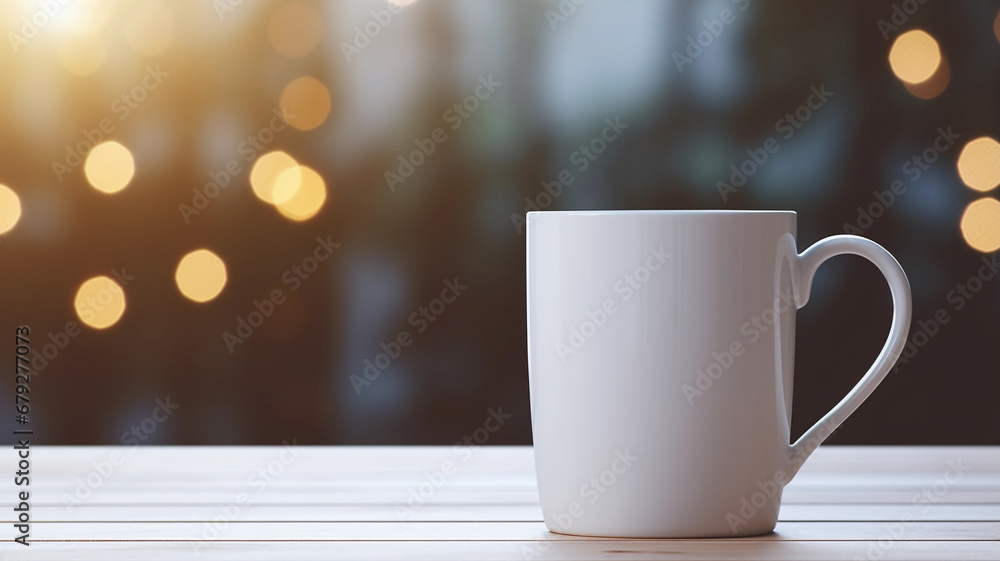 White Mug Mockup Against the Background of Blurred Lights. Empty mug mock up for brand promotion. White Mug Mockup Against the Background of Blurred Lights. Empty mug mock up for brand promotion.