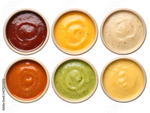 Assortment of Sauces in Bowls, top view, isolated on a transparent or white background