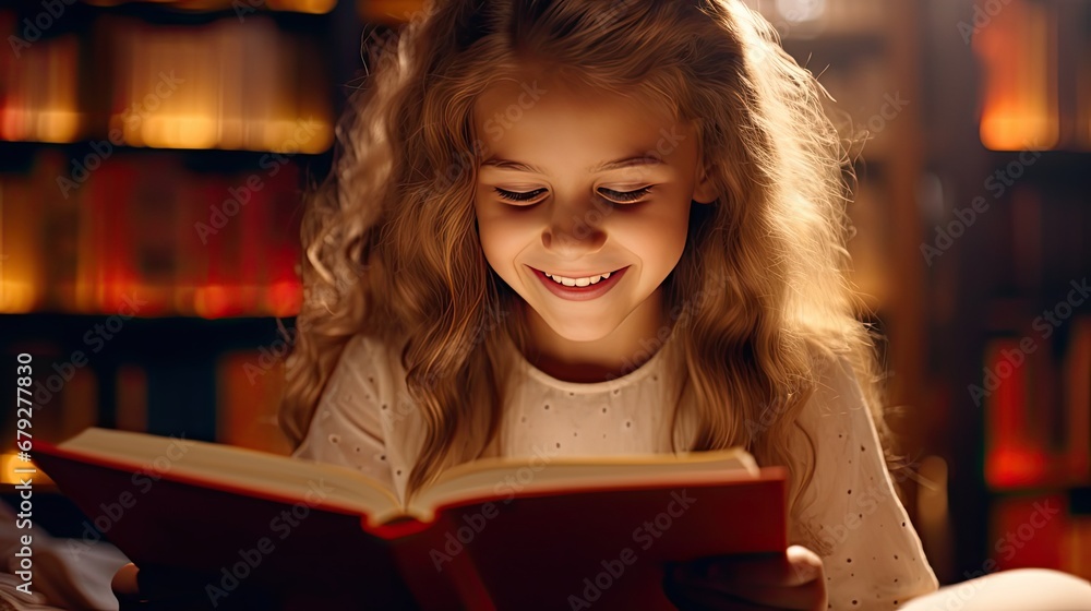 Little Girl Reading Book in library closeup Little Girl Reading Book in library closeup