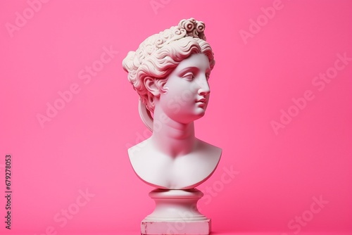 Gypsum copy of ancient statue Venus head isolated on v background. Plaster sculpture woman face photo