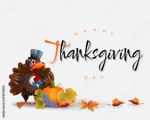 Holiday design with handwriting text, turkey, autumn harvest and leaves in autumn colors for Thanksgiving day, celebration; Vector illustration