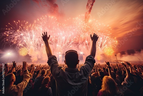 Crowd cheering at a music festival with fireworks exploding in the sky, rear view of the crowd cheering at a music festival with fireworks in the background, AI Generated