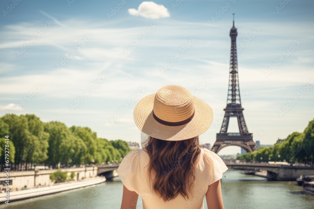Beautiful young woman in Paris looking at the Eiffel tower, Rear view of woman tourist in sun hat standing in front of Eiffel Tower in Paris. Travel in France, tourism concept, AI Generated