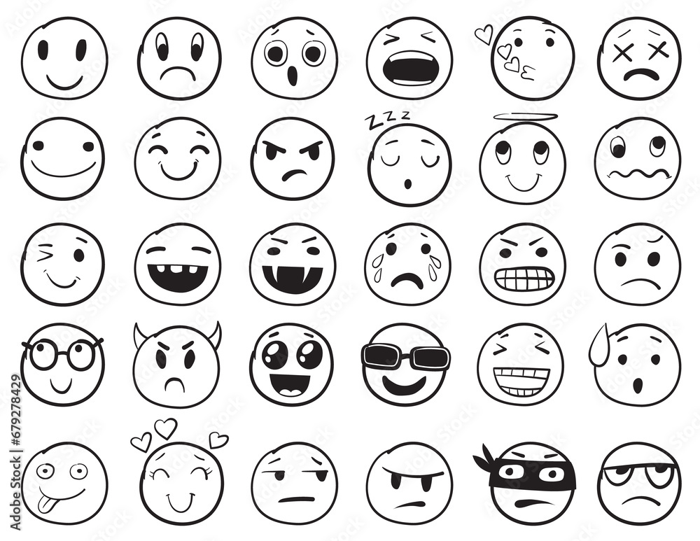 Doodle emoji set. Doodles image pictograms, Smile emotion funny faces, happy fun emoticon line icons, sad hand drawn, neat outline isolated png illustration - obrazy, fototapety, plakaty 
