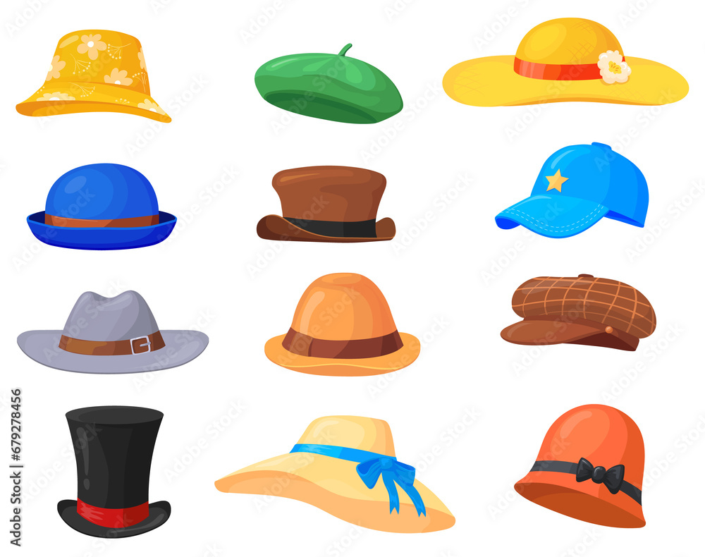 Cartoon headgears. Hats fashion clothes, man and woman headwear, summer female straw hat, vintage colorful isolated retro cap wear lady head, neat png illustration Cartoon headgears. Hats fashion clothes, man and woman headwear, summer female straw hat, vintage colorful isolated retro cap wear lady head, neat png illustration