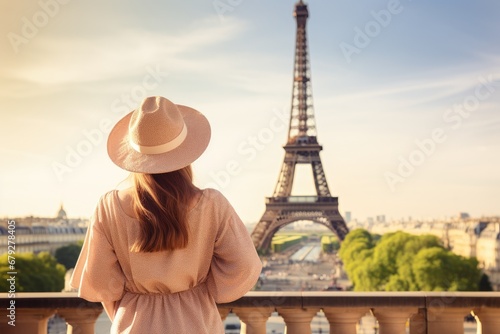 Young woman in hat with Eiffel Tower in background, Paris, France, Rear view of woman tourist in sun hat standing in front of Eiffel Tower in Paris. Travel in France, tourism concept, AI Generated © Iftikhar alam