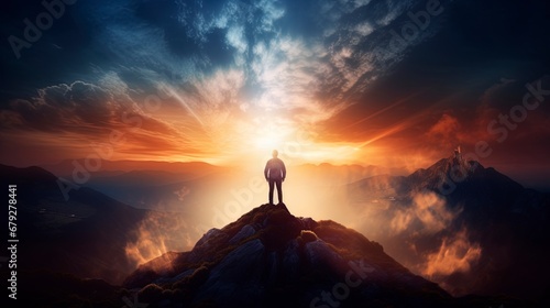 Silhouette of a person standing on top of a mountain. Accomplishing and setting goals concept. New Years resolutions.