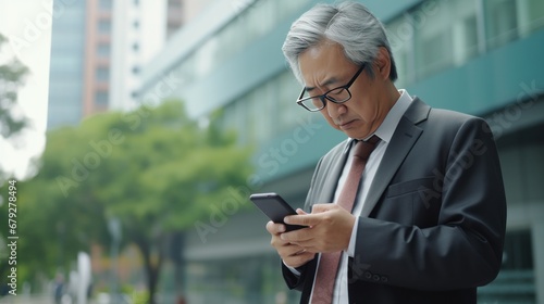  Worried senior asian male office worker businessman standing outside and using mobile phone. Disappointingly looks at the screen generative ai