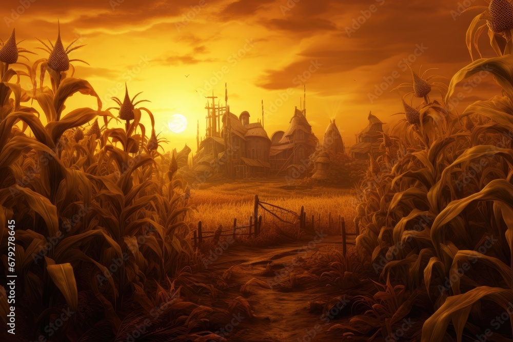 Illustration of a corn field at sunset with the silhouette of the temple, Recreation artistic of maizefield with maize plants at sunset, AI Generated