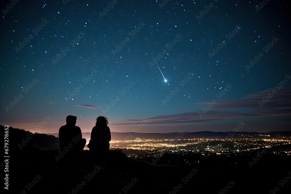 Silhouette of a loving couple sitting on the top of a mountain and watching the starry sky, rear view silhouettes of a couple sitting on the top of the hill looking and pointing out, AI Generated