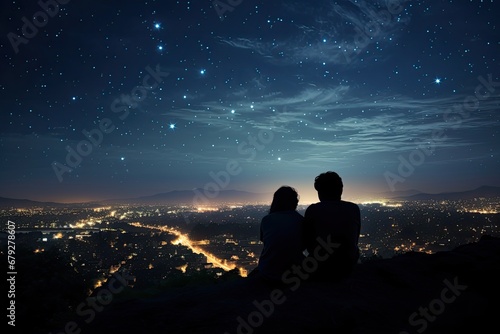 Silhouette of couple sitting on the top of a mountain and watching the night city, rear view silhouettes of a couple sitting on the top of the hill looking and pointing out at, AI Generated