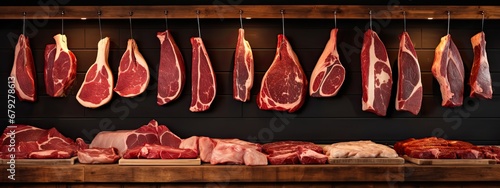meat cuts selection displayed in wooden ray at a butcher photo