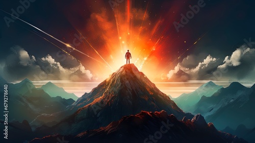 Silhouette of a person standing on top of a mountain. Accomplishing and setting goals concept. New Years resolutions.