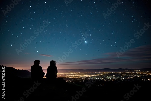 Silhouette of a loving couple sitting on the top of a mountain and watching the starry sky, rear view silhouettes of a couple sitting on the top of the hill looking and pointing out, AI Generated