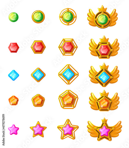 Award game progress. Golden amulets with gem, badge kit, jewelry star, achievement insignia, gold wings medal, square diamond, token crown