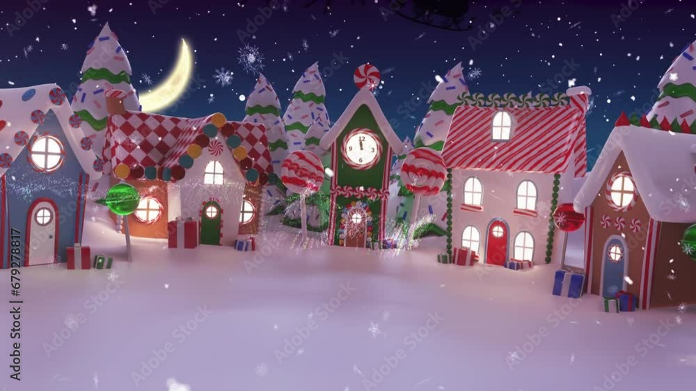 Animation of snow falling over merry christmas text banner against winter landscape and night sky Animation of snow falling over merry christmas text banner against winter landscape and night sky