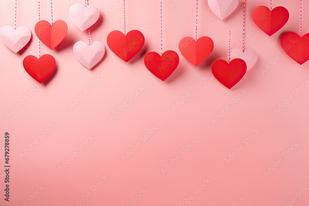 Valentine's day background with paper hearts on a pink background, Red paper cut hearts hanging on pink background, AI Generated