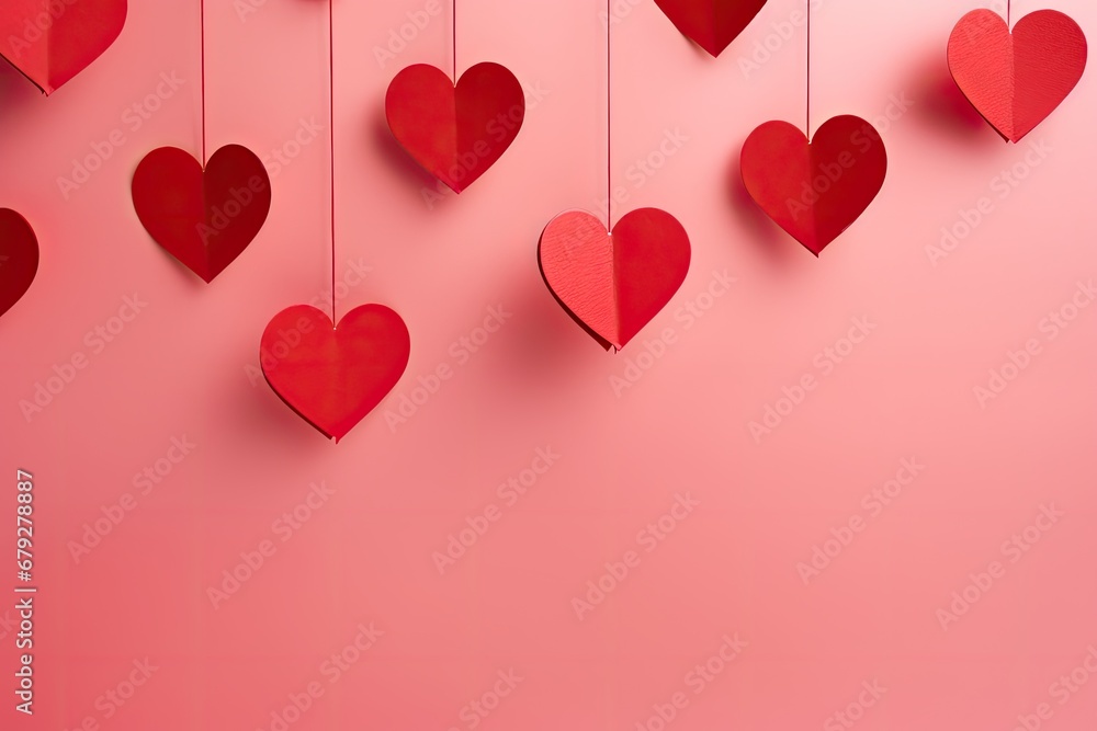 Valentine's day background with red paper hearts on pink background, Red paper cut hearts hanging on pink background, AI Generated