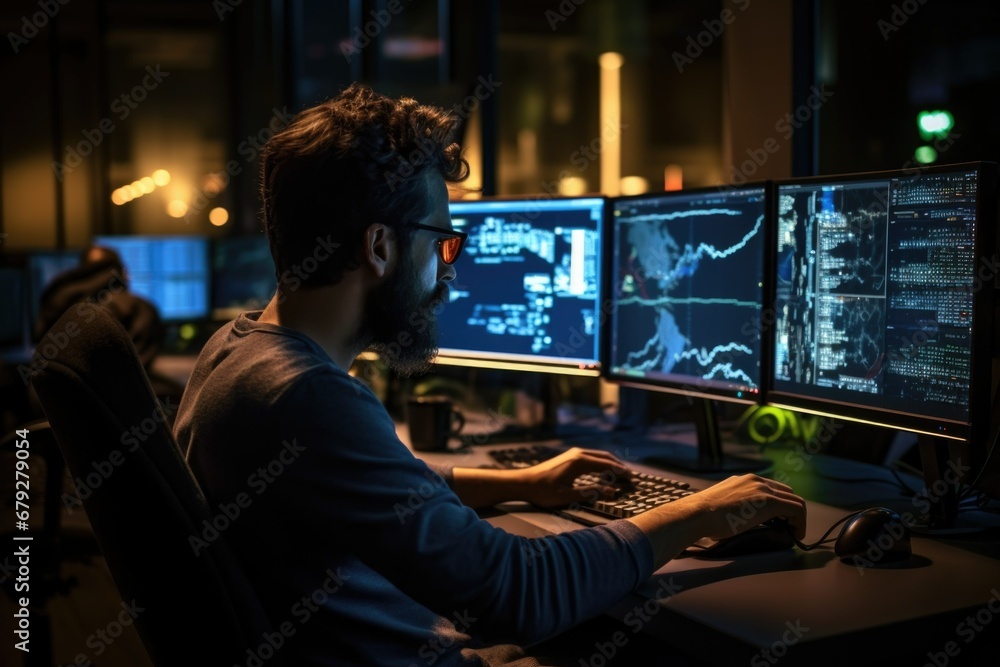 A software programmer working on his computer with three screens