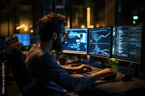 A software programmer working on his computer with three screens © Oscar