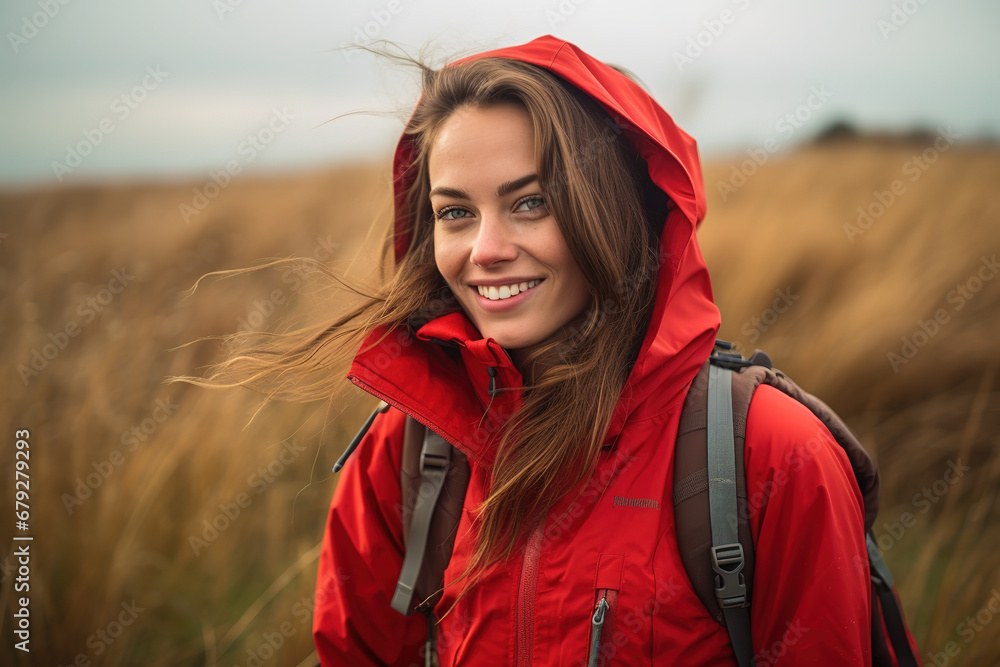 Mujer joven senderista con abrigo rojo y sonrisa radiante en un dia de senderimos.  - obrazy, fototapety, plakaty 