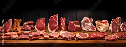 meat cuts selection displayed in wooden ray at a butcher