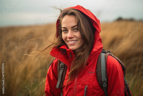 Mujer joven senderista con abrigo rojo y sonrisa radiante en un dia de senderimos. 