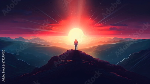 Silhouette of a person standing on top of a mountain. Accomplishing and setting goals concept. New Years resolutions.