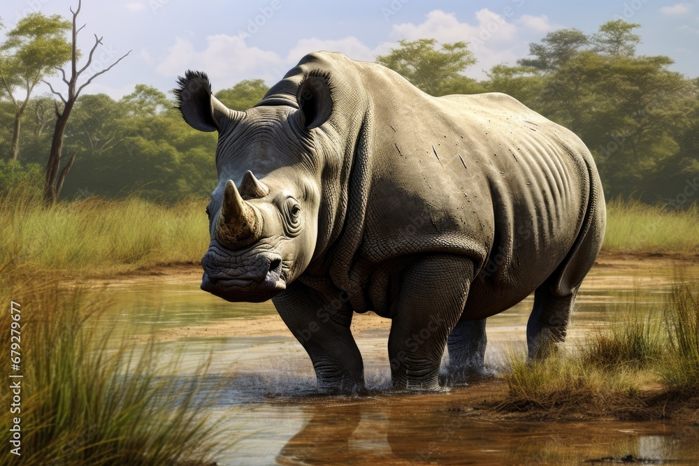 Fototapeta premium White rhinoceros in the Okavango Delta, Botswana, rhino in the wild, AI Generated