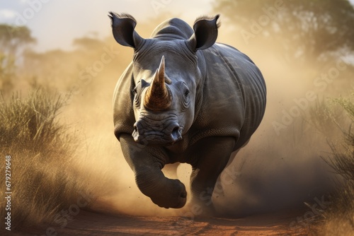 White rhinoceros Ceratotherium simum running in the savannah  rhino in the wild  AI Generated